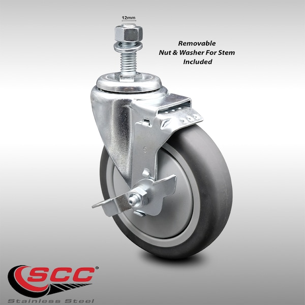 5 Inch SS Thermoplastic Rubber Swivel 12mm Threaded Stem Caster with Brake